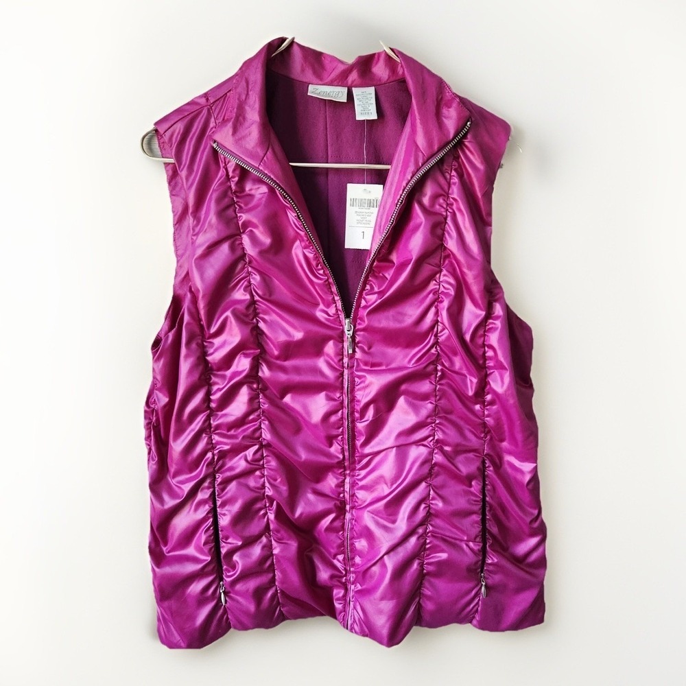 Chicos Zenergy Vest Womens Pink Shimmer Shiny Ruched Zip Puffer Size‎ 1 New Tags